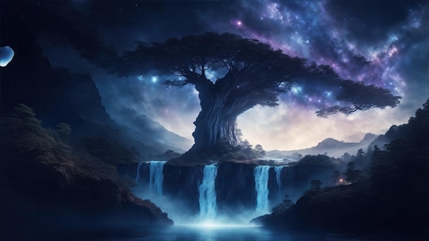 Wodospad pod wielkim drzewem i dramatyczną atmosferą nieba galaktyki
