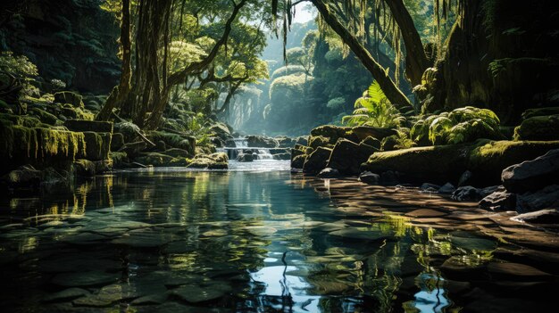 Zdjęcie wodospad pośrodku pięknego lasu z turkusowym basenem