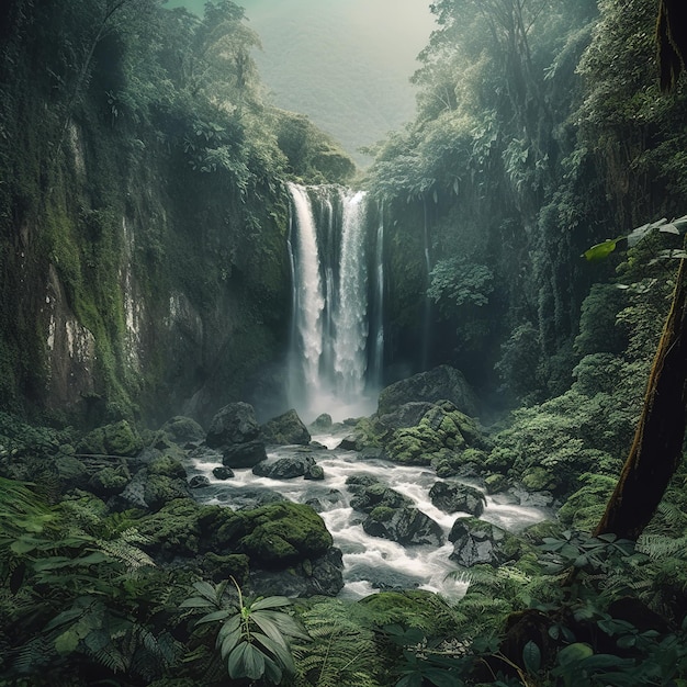 wodospad spadający kaskadą w dół skalistego klifu otoczonego bujną roślinnością