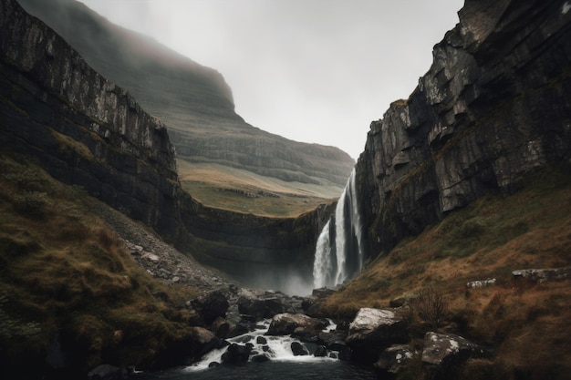 Wodospad spływa kaskadą po skalistym klifie otoczonym majestatycznymi górami stworzonymi za pomocą generatywnej sztucznej inteligencji