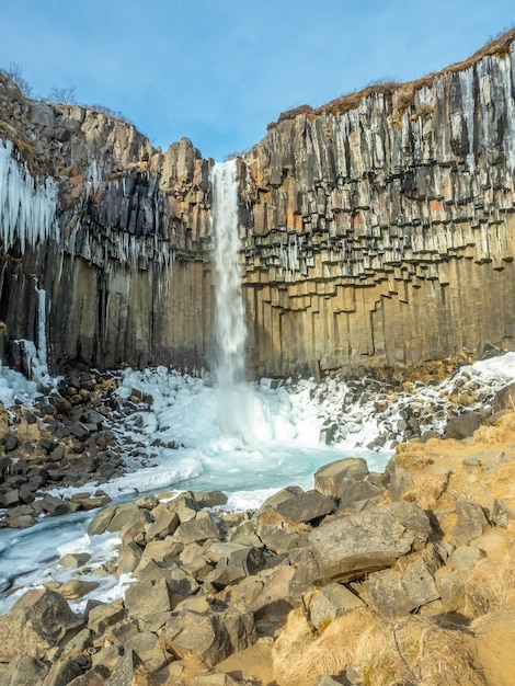 Wodospad Svartifoss Na Islandii Położony W Parku Narodowym Vatnajökull Wśród Czarnych Larw