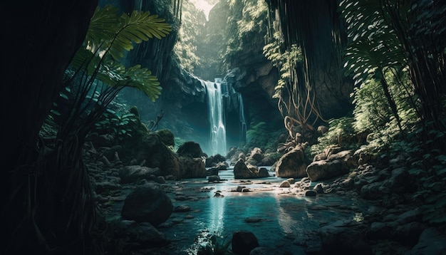 Wodospad w dżungli z zielonym tłem