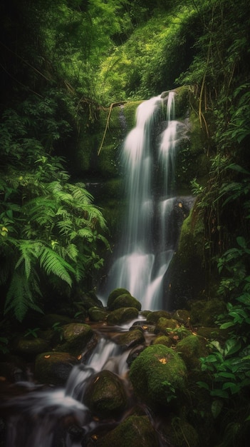 Wodospad w dżungli z zielonym tłem.