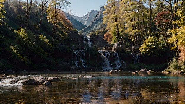 Wodospad w jesiennym lesie Tapeta w tle z krajobrazem górskiej rzeki