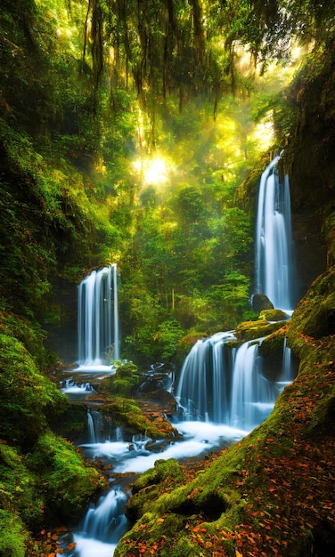 Zdjęcie wodospad w lesie, na którym świeci słońce.