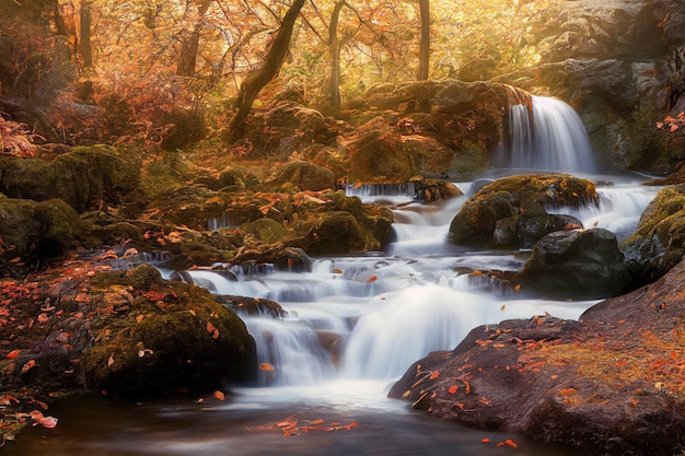 Wodospad Z Błękitną Wodą W Jesiennym Lesie Pod światłem Słonecznym I Kolorowymi Gałęziami Jesiennych Drzew Ilustracja 3d