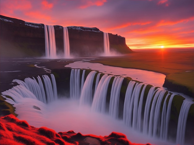 Wodospad z czerwonym niebem i zachodzącym za nim słońcem