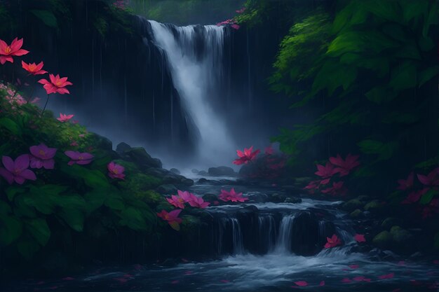wodospad z rzeką i kwiatami