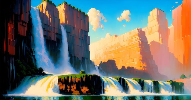 Wodospady krajobrazowe w górach klify medytacja Sceneria fantasy Generatywna sztuczna inteligencja do malowania ścian na facebooku na Instagramie