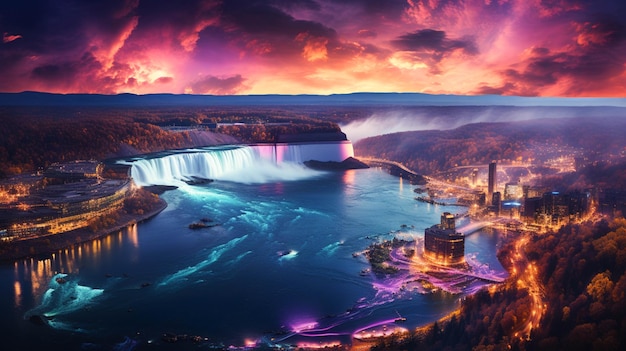 Wodospady Niagara z kolorowymi światłami w nocy