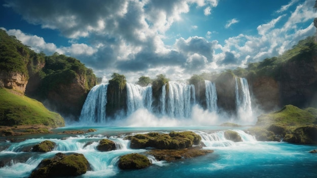 wodospady wznoszące się w chmury łączące wodę i niebo w fantastyczny