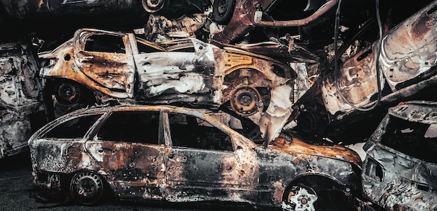 Wojna na Ukrainie Cmentarz samochodów w Irpinie Rozstrzelane samochody cywilów