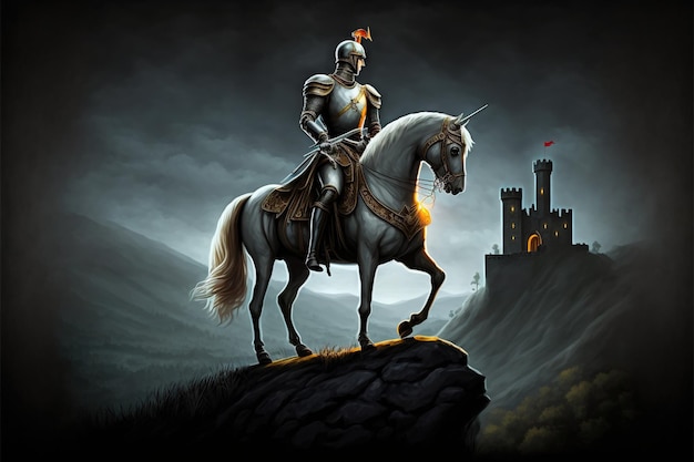 Wojownik na koniu Rycerz ze swoim koniem stoj?cym na klifie ciemnej czaszki Cyfrowy styl ilustracji malarstwa