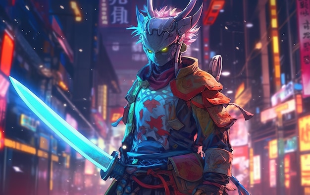 Wojownik samuraj w mieście ze znakiem „samuraj”