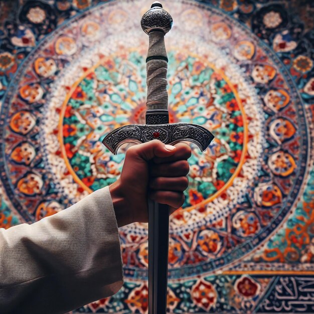 Zdjęcie wojownik suficki przed tętniącą życiem mozaiką jedność wiary i siły
