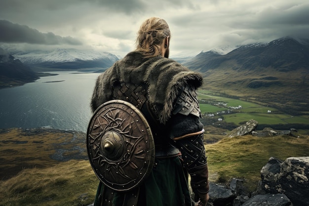 Zdjęcie wojownik wikingów z tyłu ze szczegółową zbroją nordycki krajobraz w tle generacyjna sztuczna inteligencja