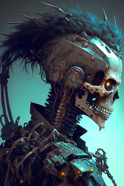 Wojownik z czaszką cyborga z rogami i rogatą głową AIGenerated