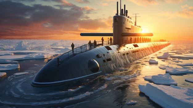 Wojskowa okręt podwodny jądrowy w wodach Arktyki podczas zachodu słońca