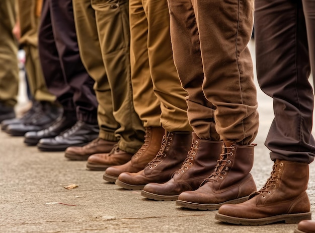 Wojskowe buty na nogach żołnierzy w rzędzie stworzone za pomocą technologii generatywnej sztucznej inteligencji