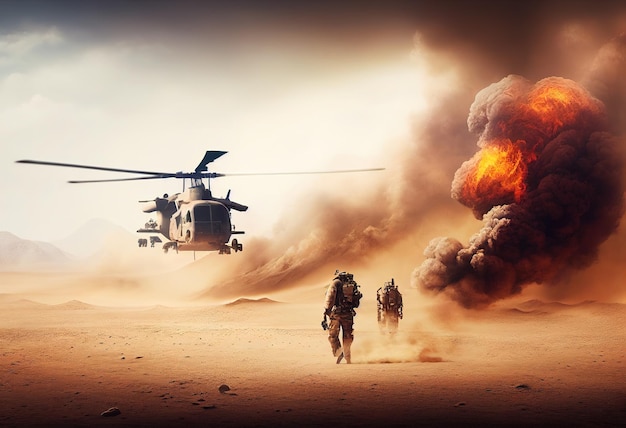 Wojskowe helikoptery lub helikoptery przecinają ogień ilustrację Ai generative