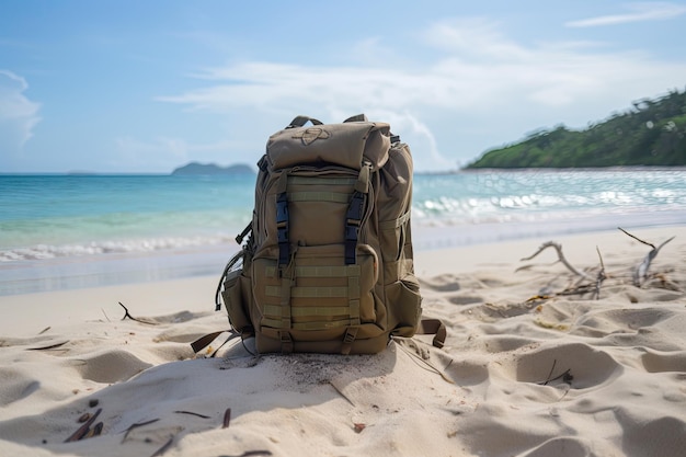 Wojskowy plecak na plaży z czystą błękitną wodą i tropikalnym niebem w tle