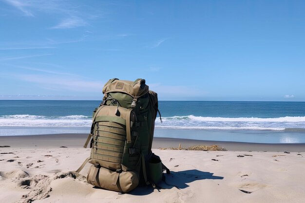 Wojskowy plecak na plaży z widokiem na ocean i czyste, błękitne niebo
