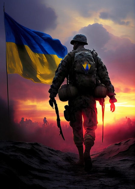 Wojskowy z ukraińskim narodowym kolorem walki wojennej o demokrację i wolność AI Generated