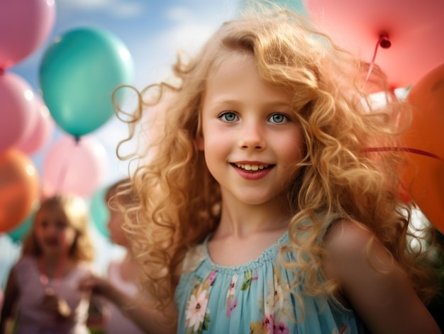 Wokół kolorowych balonów stoi radosna dziewczyna z kręconymi blond włosami, która promieniuje jasno
