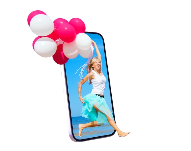 Wolna kobieta ucieka z telefonu komórkowego trzymając balony