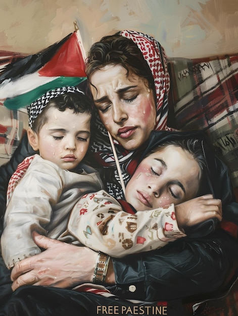 Wolna Palestyna, uratuj Gazę Matka uściska dziecko w palestyńskiej fladze płacząc o wolność