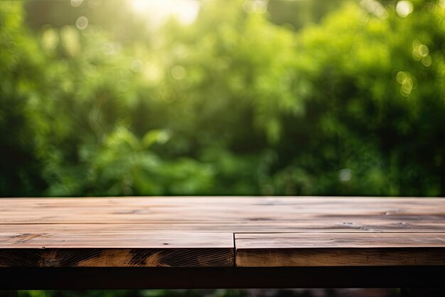 Wolny drewniany stół widać na rozmytym, abstrakcyjnym, zielonym tle ogrodu