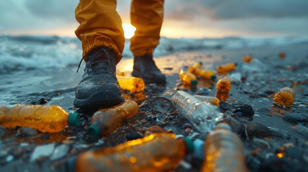 Wolontariusz zbiera plastikowe butelki na wybrzeżu oceanu