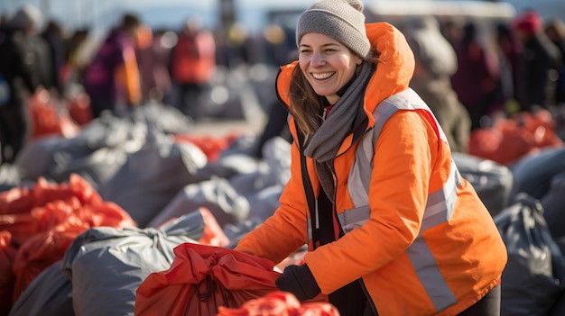 Wolontariusze sprzątający plażę Orange Vests