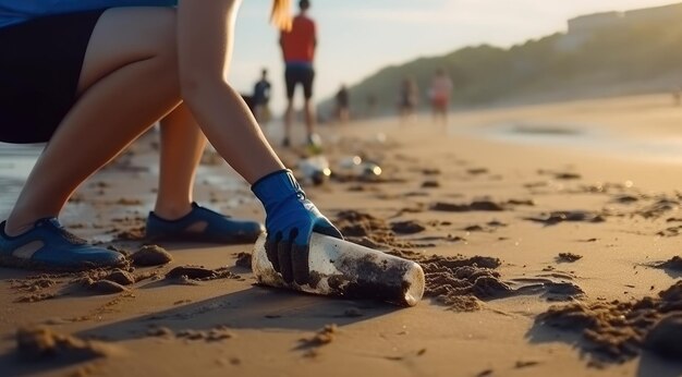 Zdjęcie wolontariusze zbierają plastikowe butelki na plaży koncepcja ekologiczna