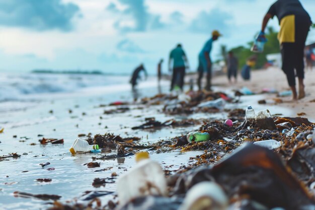 Zdjęcie wolontariusze zbierają śmieci, sprzątają plażę.