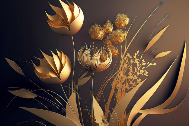 Wolumetryczny obraz kwiatów i trawy w postaci złotych d renderowania papierowych kwiatów generatywnych ai