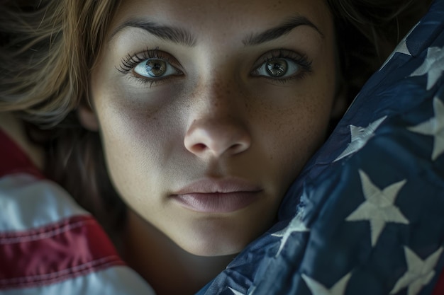 Zdjęcie woman holding american flag with blue eyes