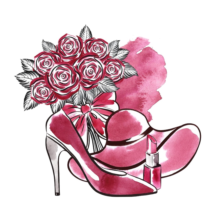 Zdjęcie women039s kapelusz buty na wysokim obcasie i szminka bukiet róż ręcznie rysowane ilustracji akwareli