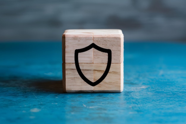 Zdjęcie wooden block with shield icon on blue surface symbolizing protection and verification