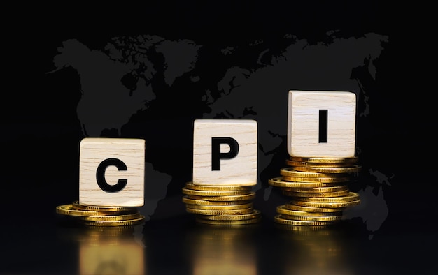 Word CPI Indeks cen konsumenckich na drewnianych kostkach na szczycie stosu złotych monet z czarnym tłem mapy świata Dane ekonomiczne mierzą, że w inflację i koszt życia konsumentów