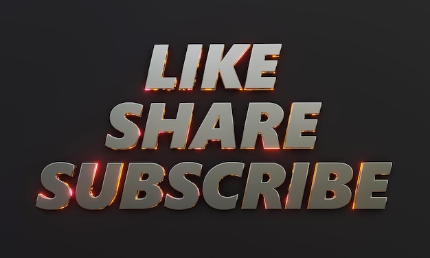 Word Like, Share, Subscribe jest napisane na ciemnym tle z efektem kinowym i neonowym. Renderowania 3D