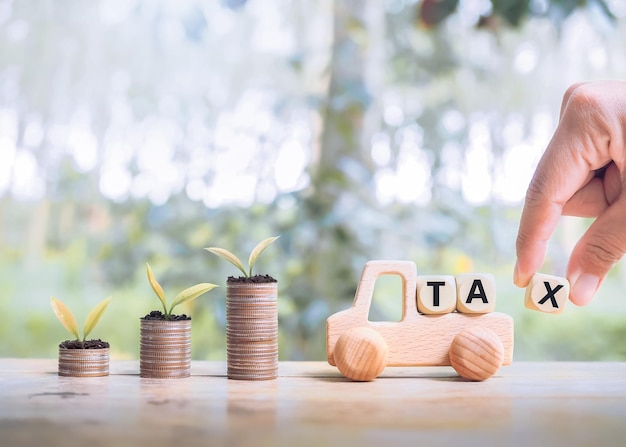 Word TAX, drewniany samochodzik i rośliny dorastające na stosie monet Koncepcja płacenia podatku za samochód