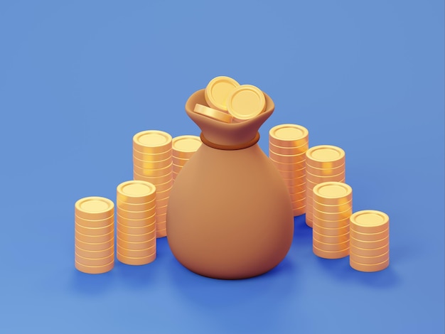Worek na pieniądze ze złotymi monetami, renderowanie 3d w minimalistycznym stylu kreskówek