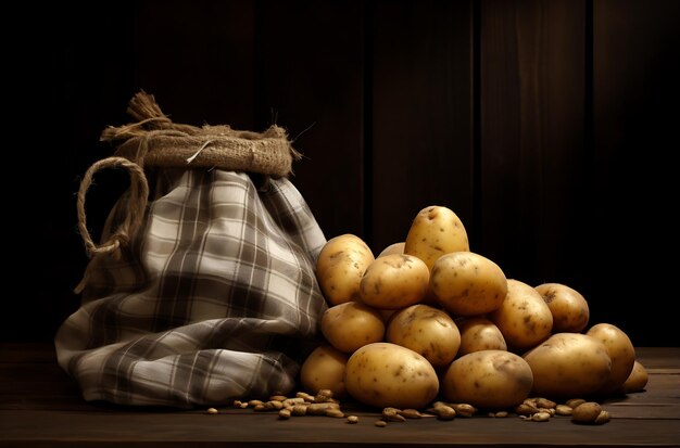 Zdjęcie worek z surowymi ziemniakami, w nim generatywna ai