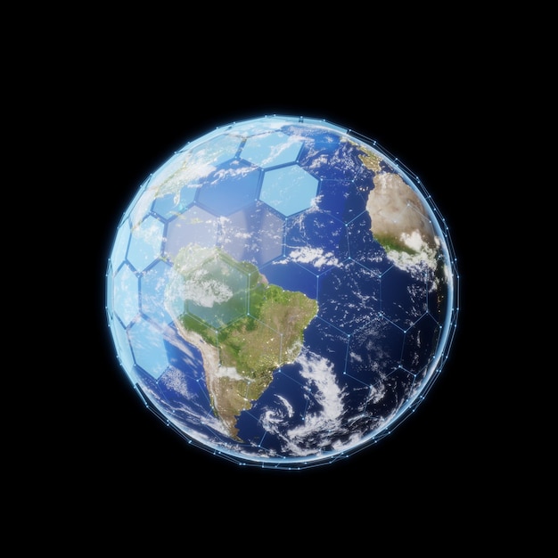 World Global Planet Earth widoki z kosmosu z tarczą. Koncepcja komunikacji biznesowej