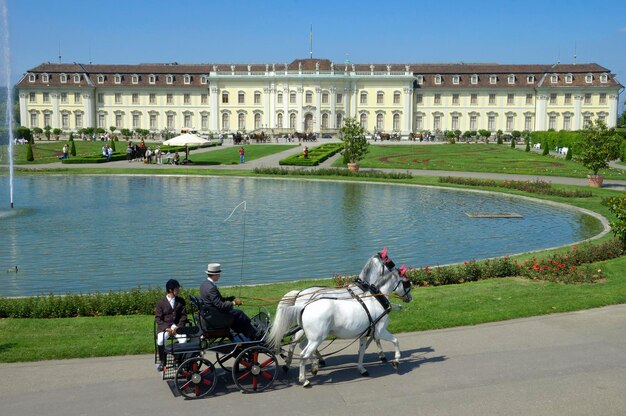 Zdjęcie wóz konny przed pałacem ludwigsburg ludwigsburg baden-wuerttemberg niemcy europa