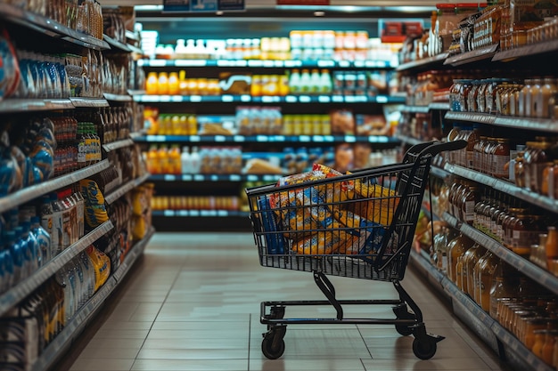 Wóz zakupów pełen artykułów spożywczych w supermarkecie z wygenerowaną przez sztuczną inteligencję