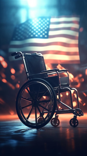 Wózek inwalidzki i amerykańska flaga w tle Pojęcie patriotyzmu Generative AI