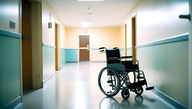 wózek inwalidzki jest na korytarzu z znakiem wyjścia nad nim
