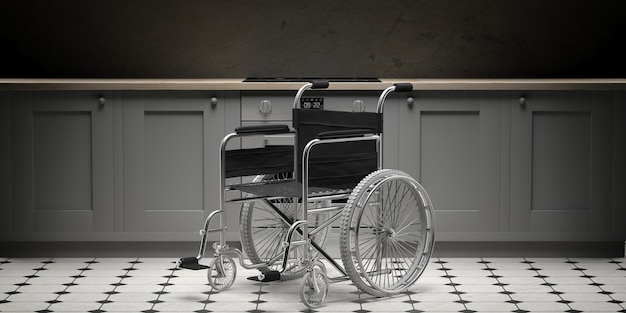 Wózek inwalidzki odizolowany na jasnożółtym tle ściany i podłogi pusty pokój ilustracja 3d
